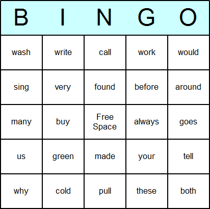 Dolch 2nd Grade Bingo Card