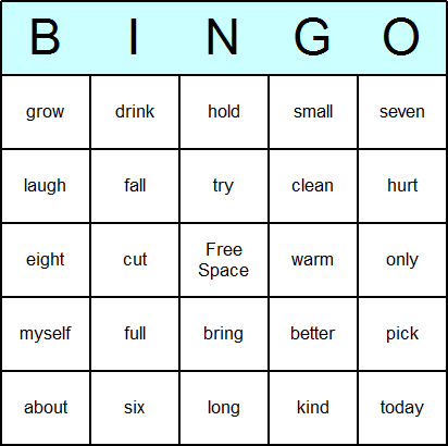 Dolch 3rd Grade Bingo Card